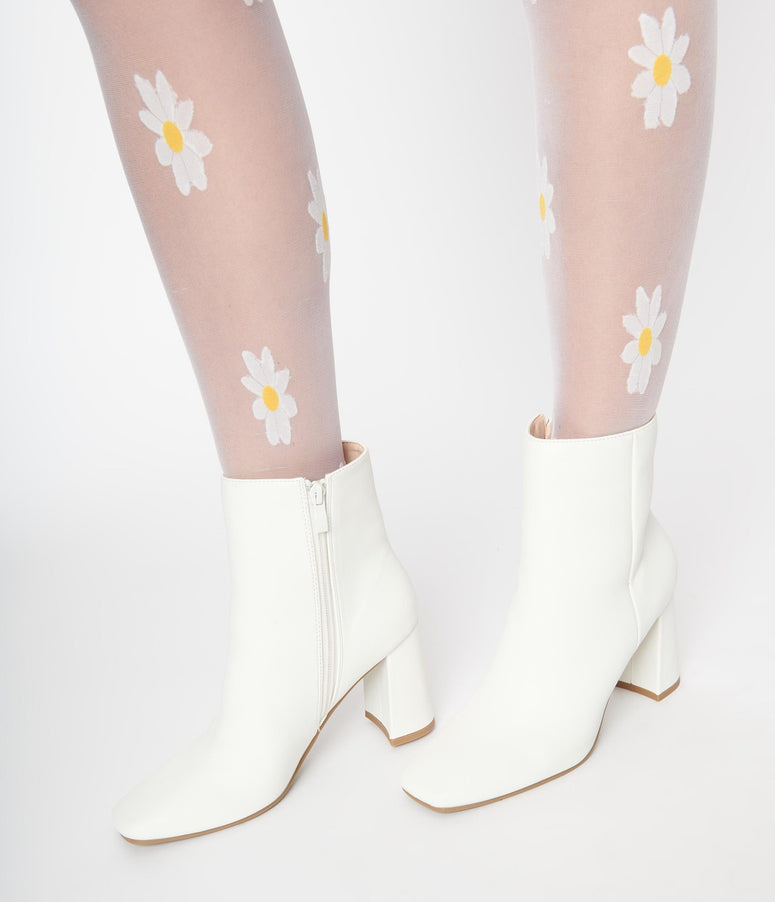 White Patent Leatherette Block Heel Ankle Boots