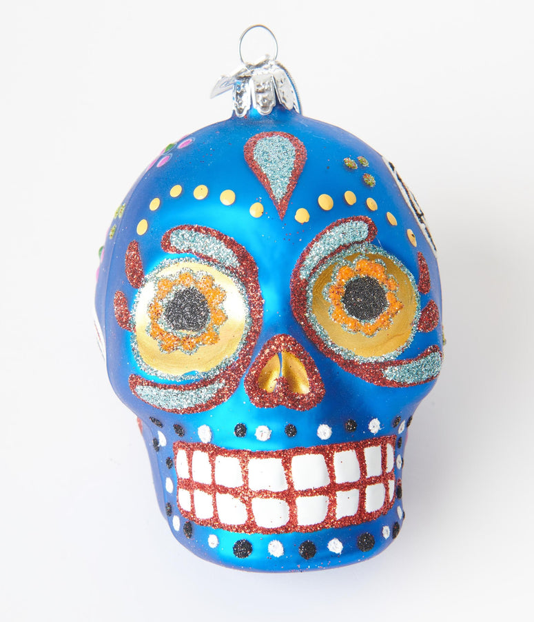 Blue Sugar Skull Glass Ornament