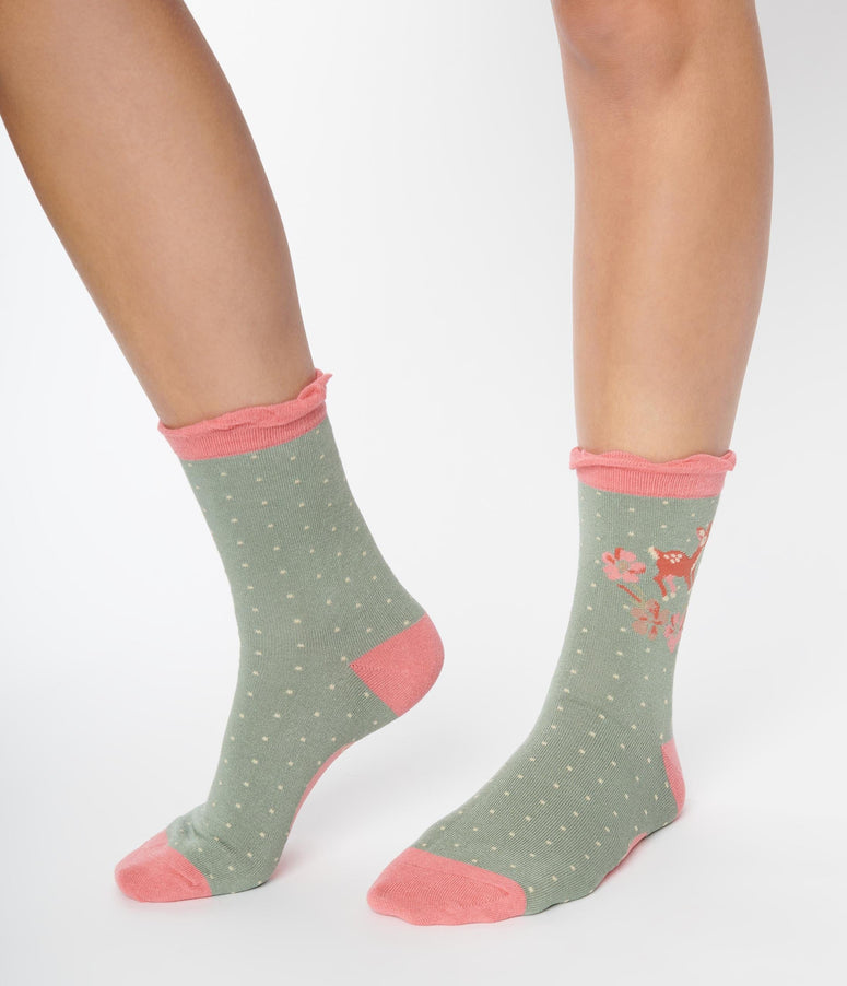 Pink & Sage Fawn Crew Socks