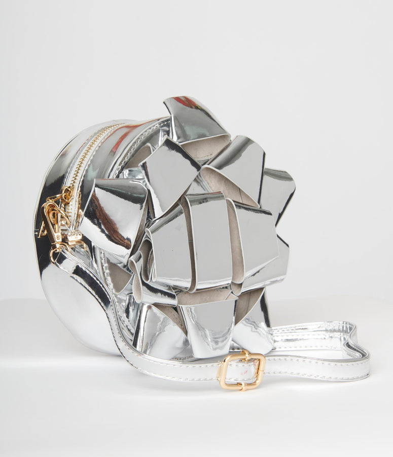 Silver Patent Leatherette Gift Ribbon Handbag
