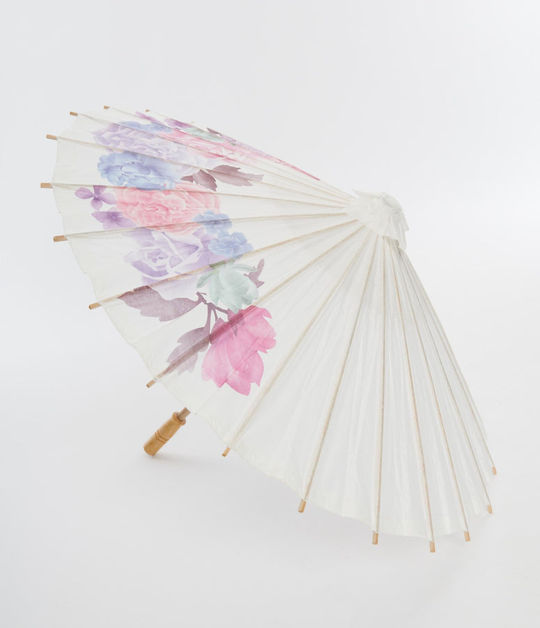 Vintage Floral Paper & Bamboo Handle Parasol