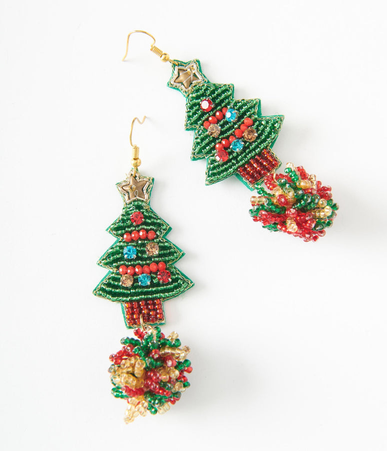 Christmas Tree Beaded Drop Earrings