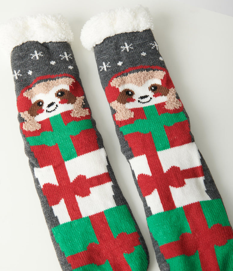 Charcoal Holiday Sloth Non Slip Fuzzy Socks