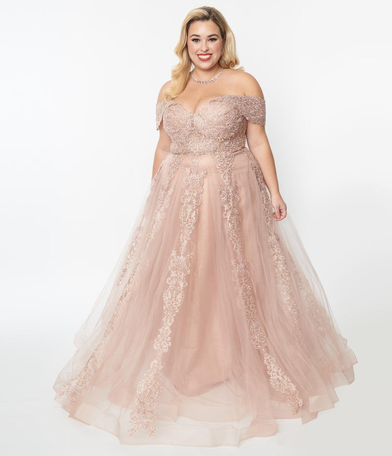 1950s Style Plus Size Rose Gold Floral Embroidered Ball Gown