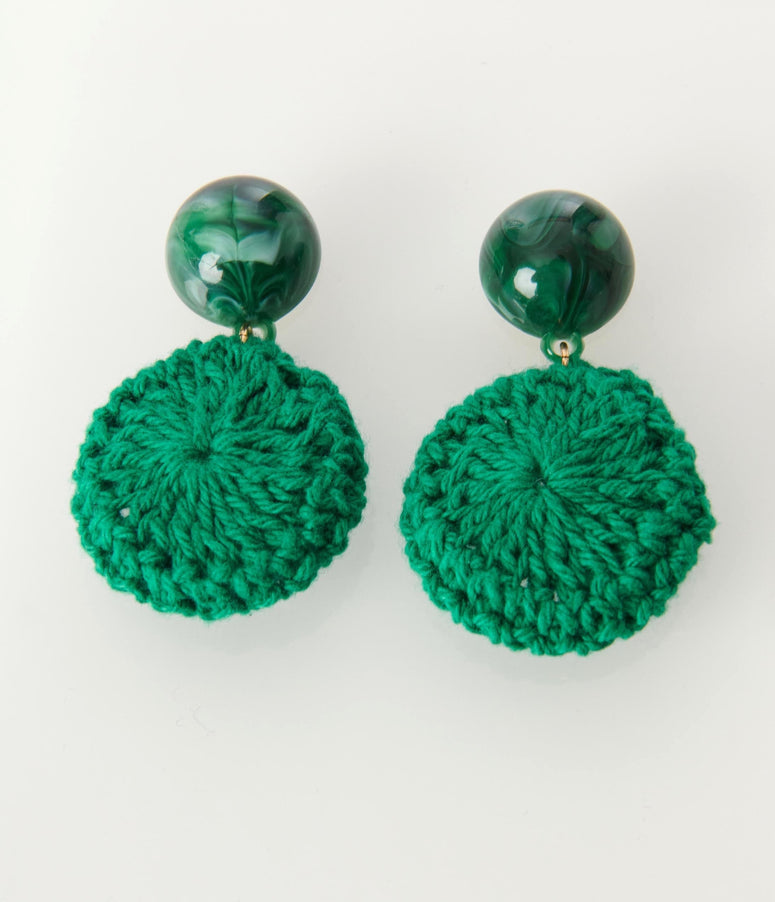 Green Crochet Marble Bead Dangle Earrings