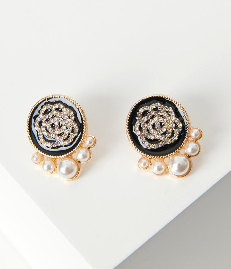 Black & Gold Round Pearl Earrings