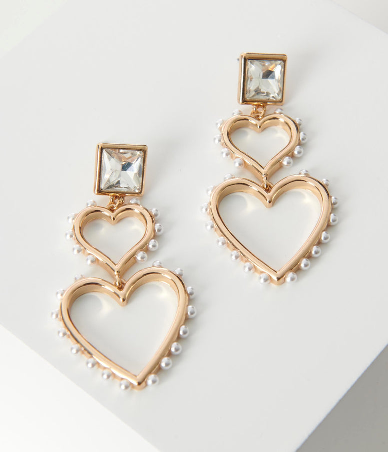 Gold Double Heart Crystal Earrings