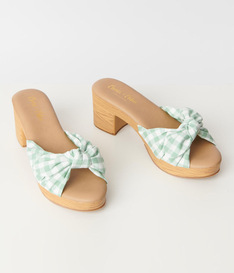 Mint Green Gingham Print Bow Wood Mule