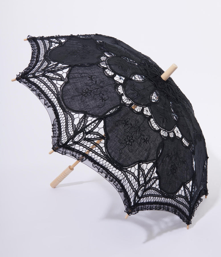 Black Victorian Lace & Bamboo Handle Parasol