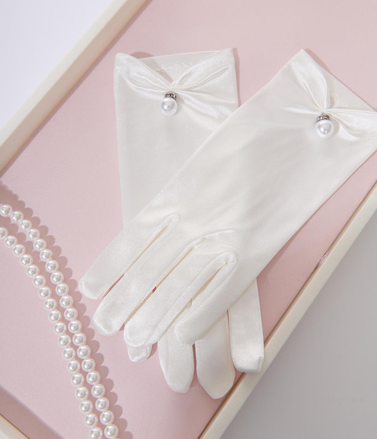 White Satin Pearl Gloves