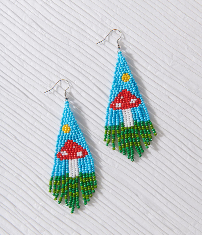 Blue & Red Mushroom Bead Earrings