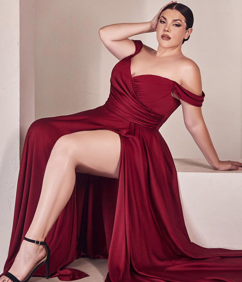 Plus Size Burgundy Satin Off The Shoulder Bridesmaid Gown