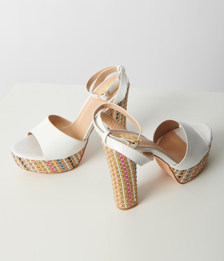 White & Rainbow Woven Platform Heels