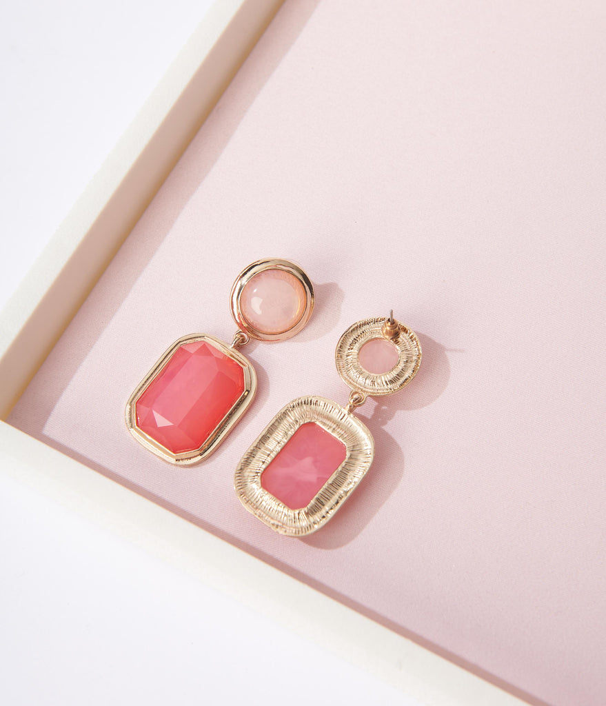 Retro & Vintage Gold & Pink Geometric Drop Earrings | Unique Vintage