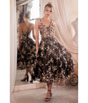 A-line Floral Print Applique Glittering Lace-Up Vintage Tea Length Plunging Neck Corset Waistline Prom Dress
