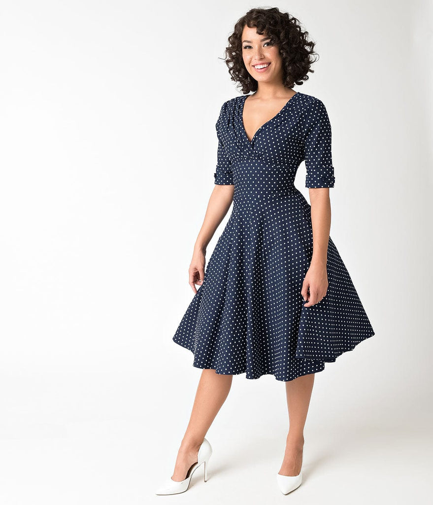 navy blue dress white polka dots