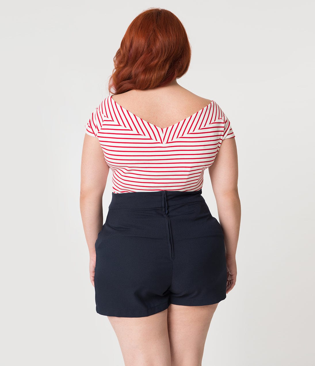 Unique Vintage Plus Size 1950s Style White Red Striped Stretch Knit