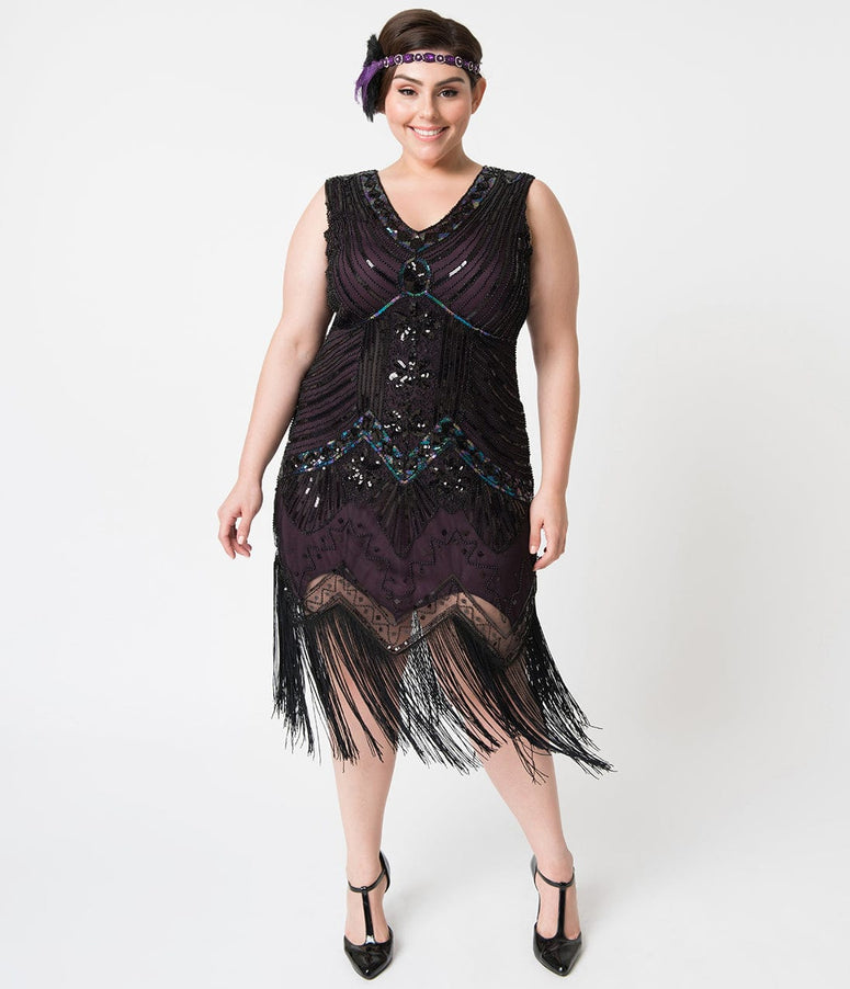 acwashingmachines Plus Size 1920s Deco Purple & Black Sequin Veronique Fringe Flapper Dress
