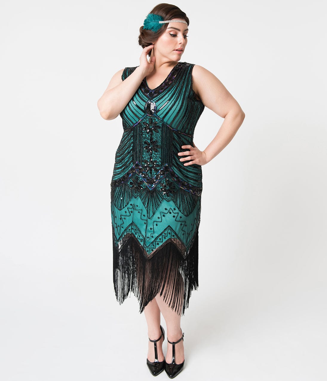 

Unique Vintage Plus Size 1920S Deco Teal & Black Veronique Fringe Flapper Dress