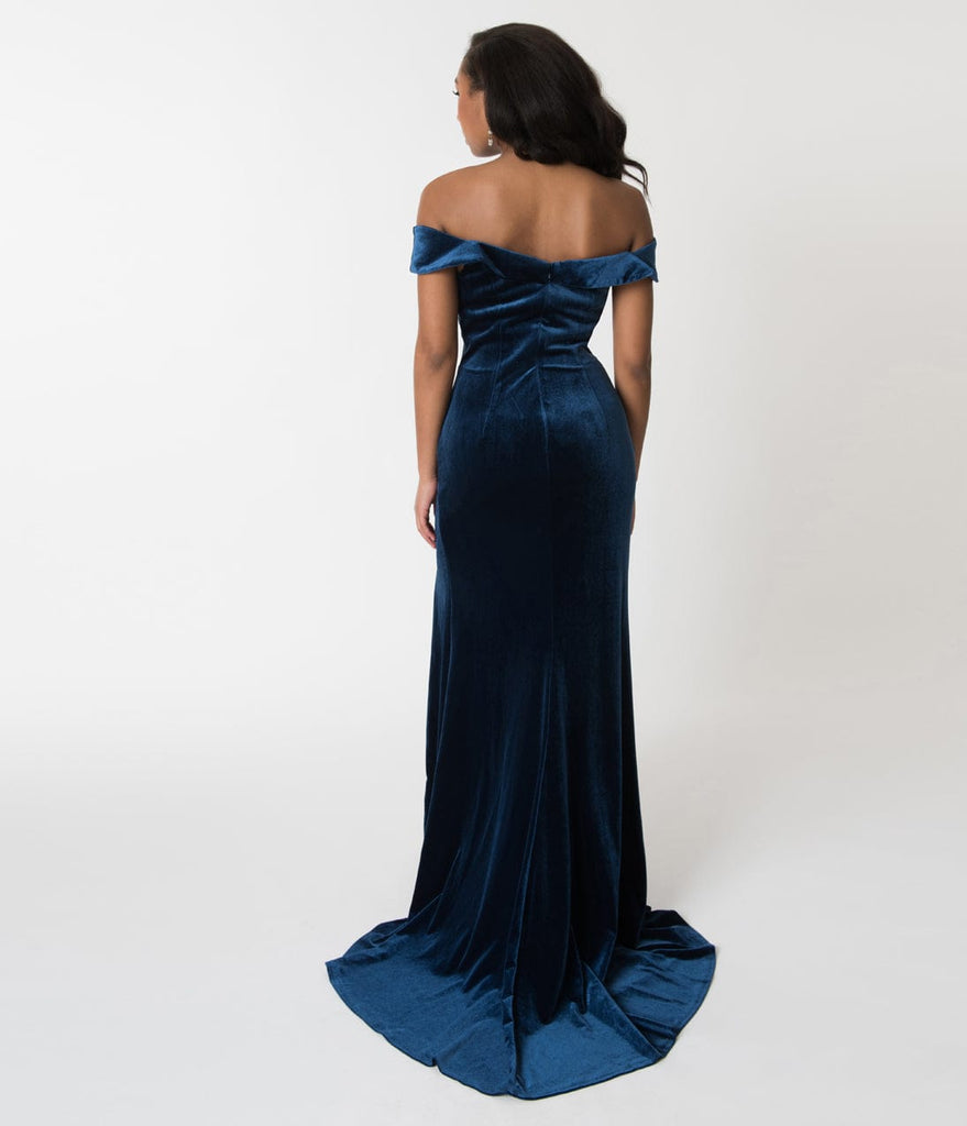 Navy Blue Velvet Bateau Neckline Cap Sleeve Gown – Unique Vintage