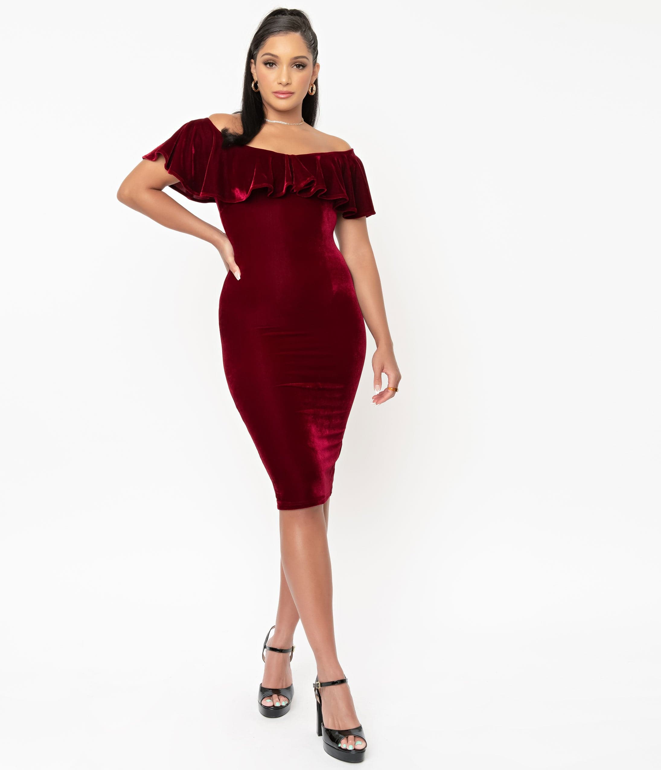 

Unique Vintage 1950S Burgundy Red Velvet Sophia Wiggle Dress