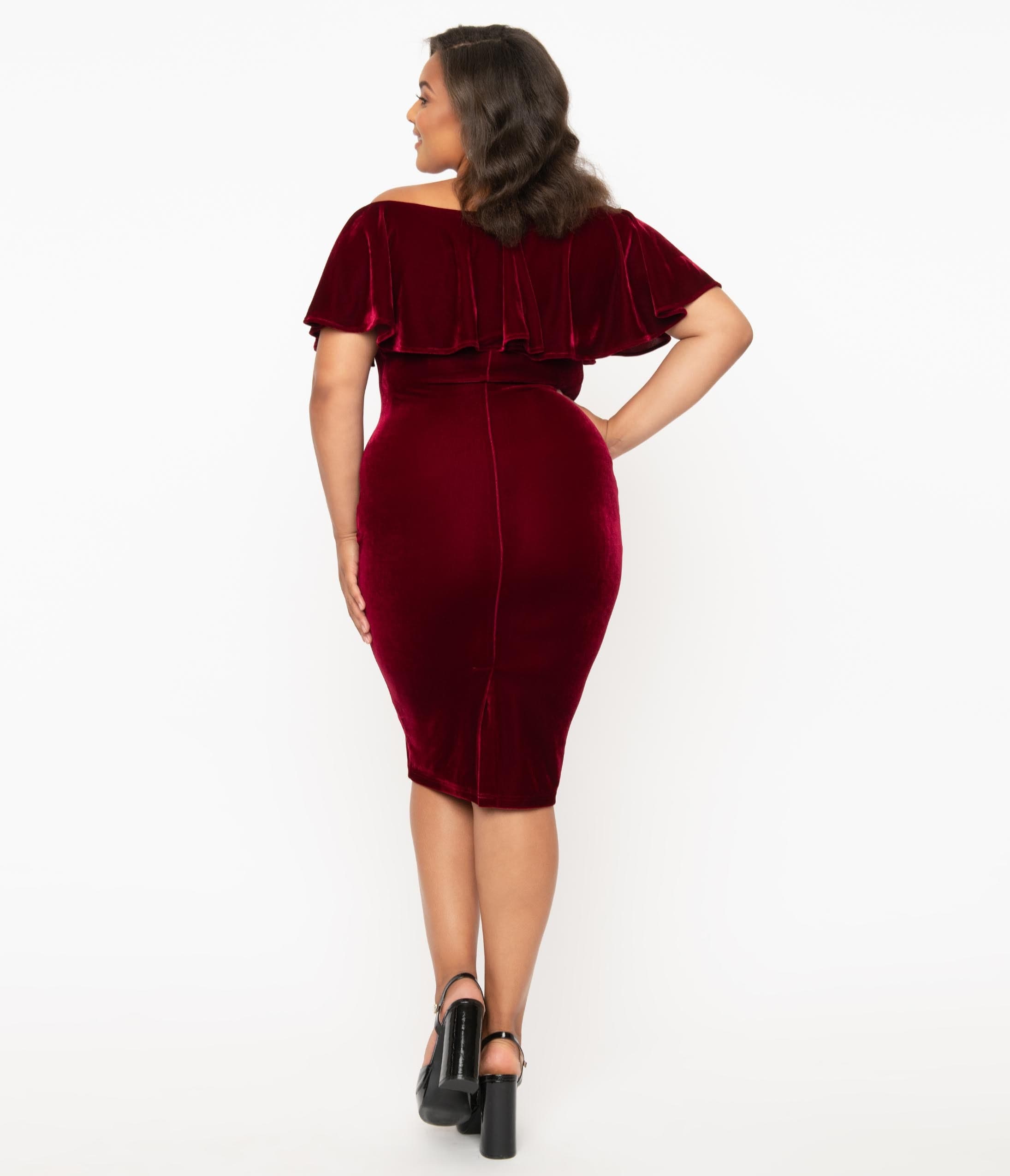 Unique Vintage Size 1950s Burgundy Red Velvet Sophia Wiggle Dress