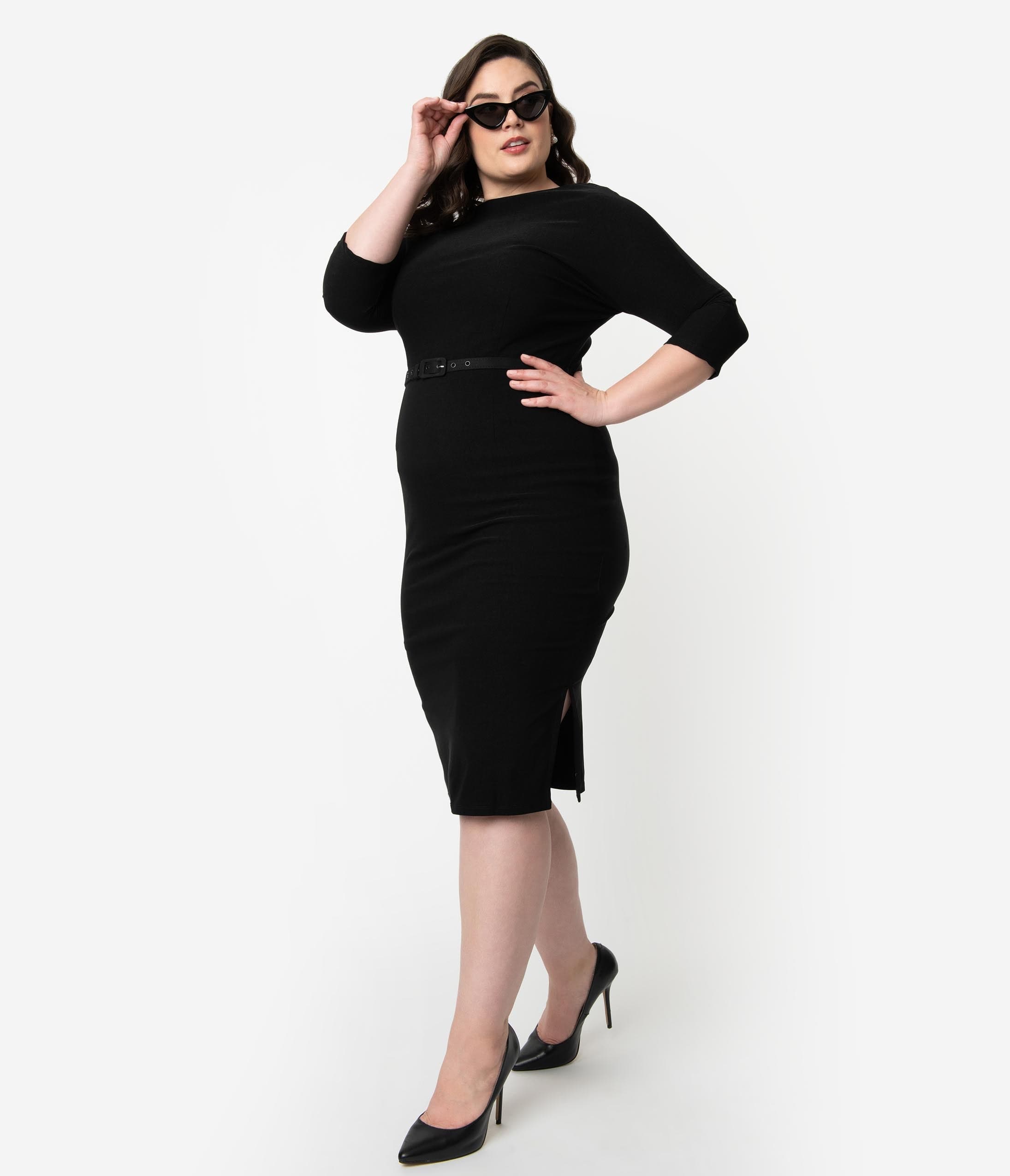 Unique Vintage Plus Size 1940s Style Black Stretch Sleeved Adelia Wiggle Dress