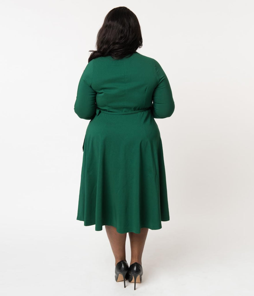 Unique Vintage Plus Size 1950s Style Hunter Green Stretch Sleeved Anna