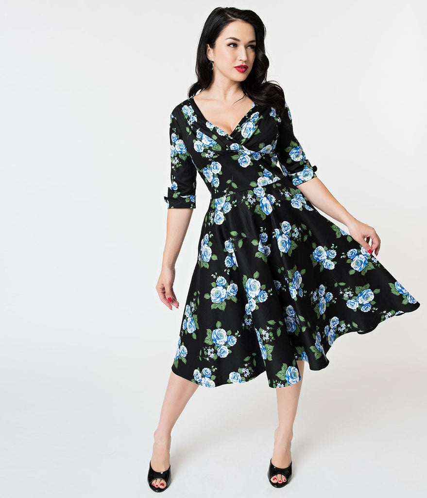 black and blue floral dress