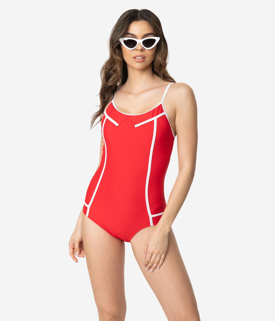 red one piece swimsuit with white piping