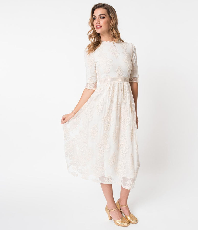 Vintage Style Cream Ivory Embroidered Lace Midi Dress