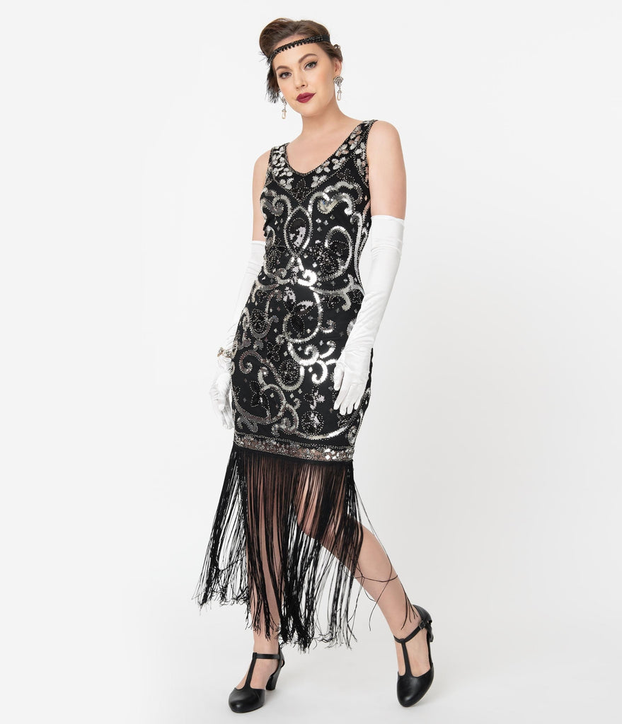 black and silver fringe dress