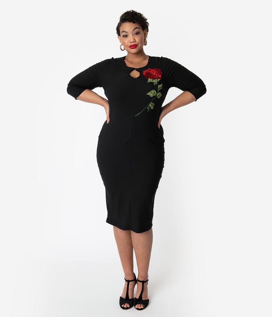 plus size black dress with red roses