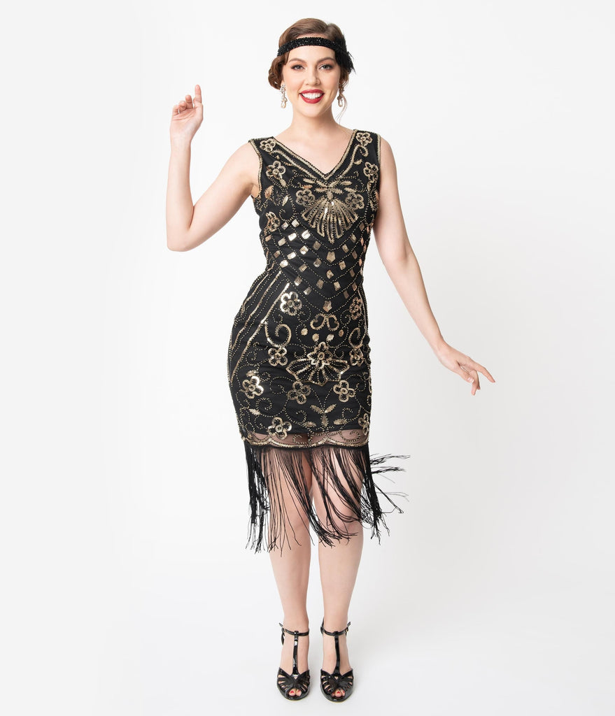 gold and black flapper dress