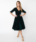 A-line V-neck Natural Waistline Above the Knee Swing-Skirt Elbow Length Sleeves Vintage Gathered Banding Velvet Dress