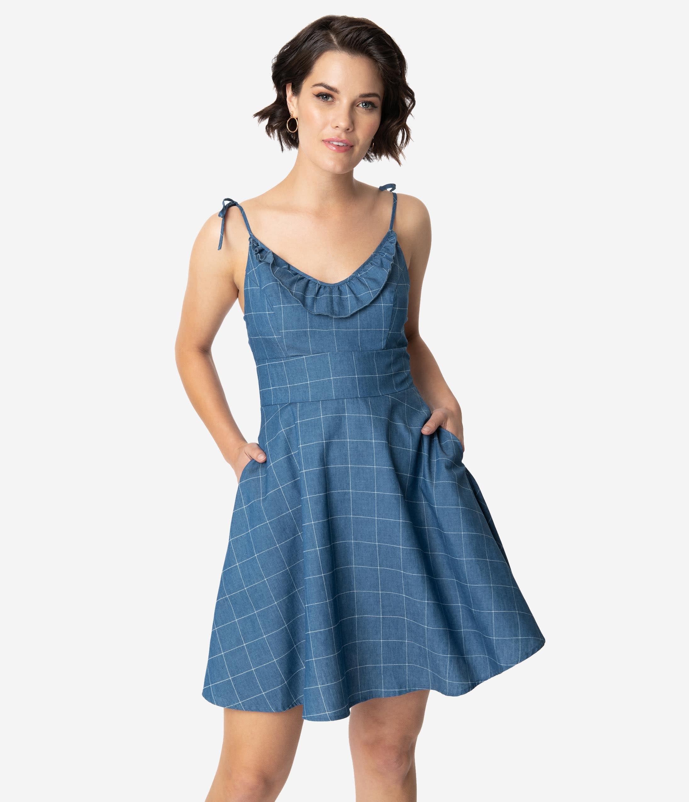 

Smak Parlour Denim Blue & White Windowpane Cotton Work Of Tart Fit & Flare Dress