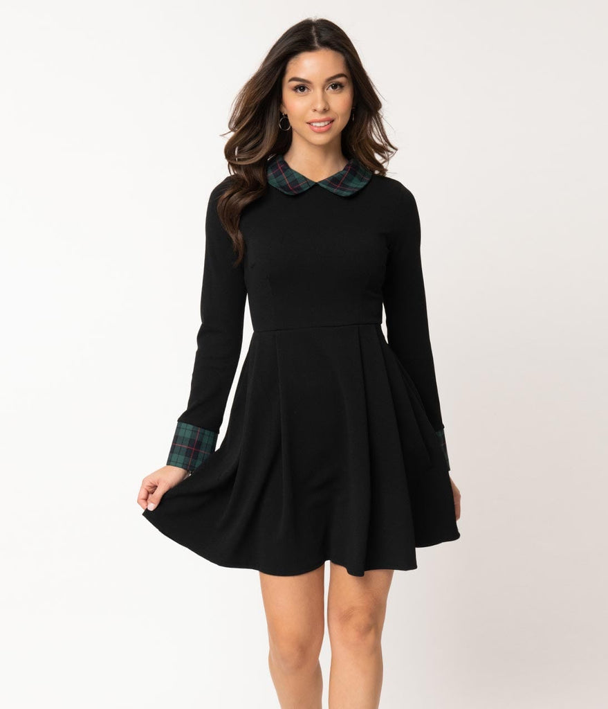 long sleeve black flare dress