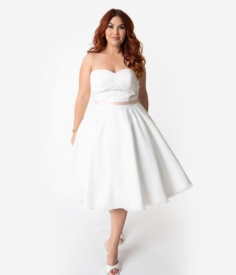 plus size white tea length dress