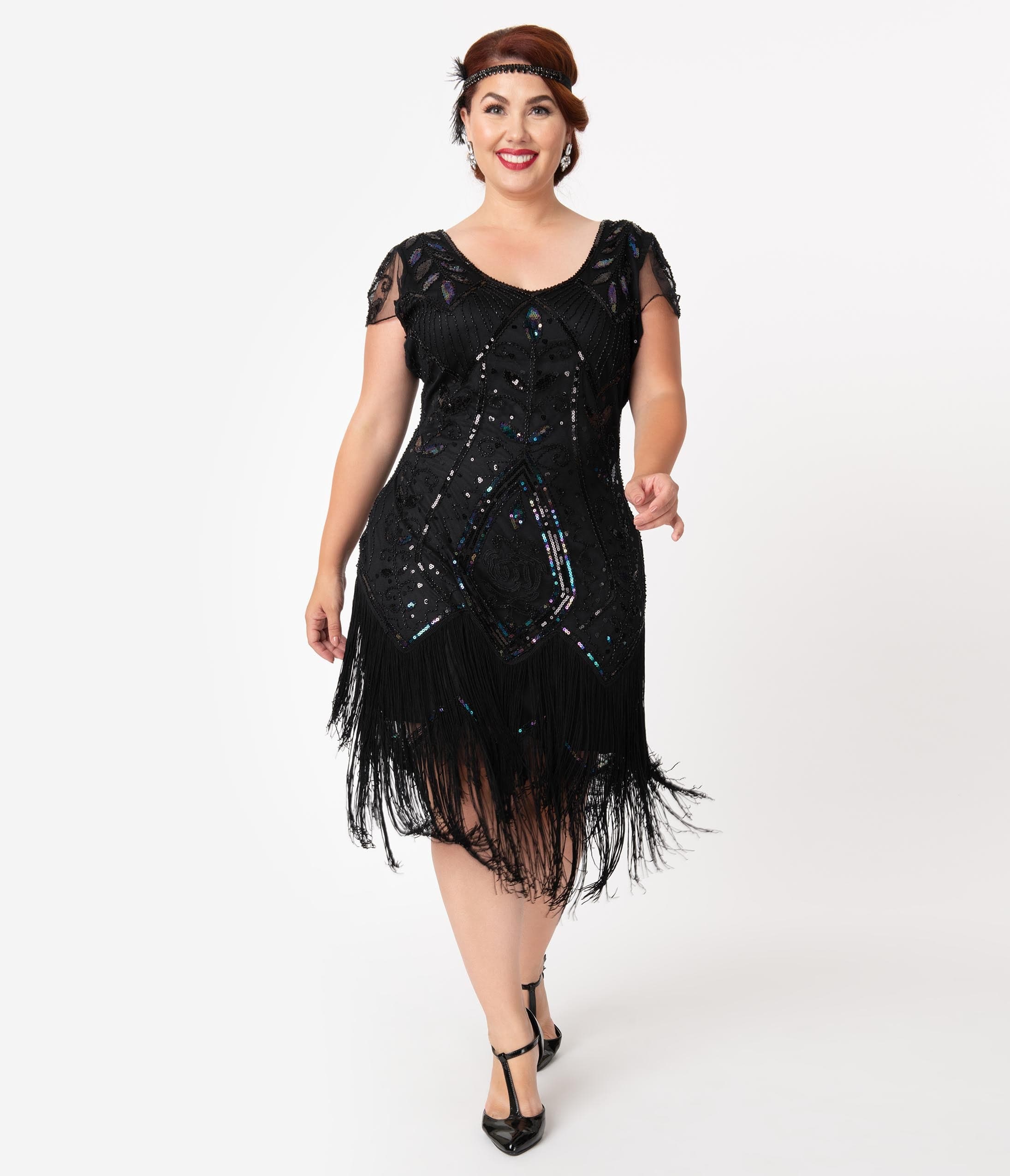 

Unique Vintage Plus Size 1920S Black Beaded Noele Fringe Flapper Dress