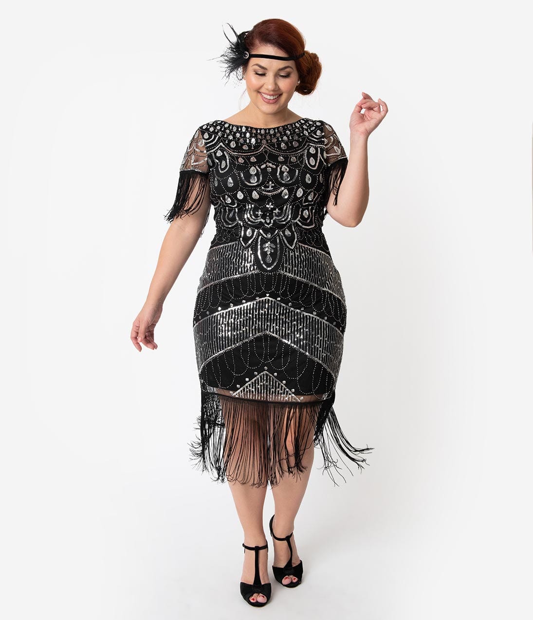 

Unique Vintage Plus Size 1920S Black & Silver Sequin Fringe Sleeved Laure Flapper Dress