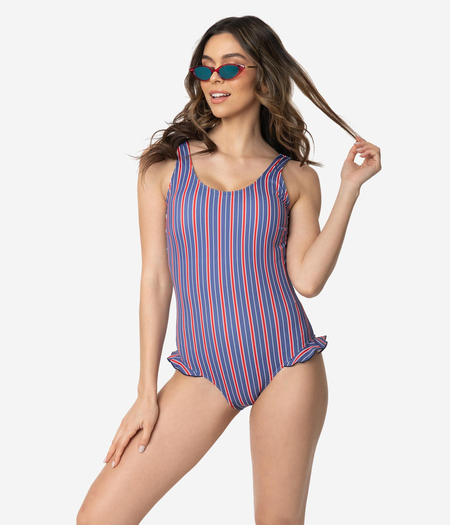 blue white striped one piece swimsuit