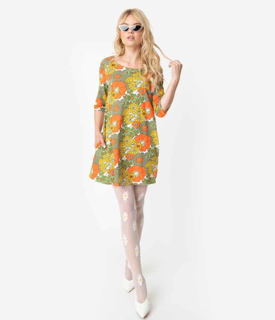 Wonderlijk Olive Green & Orange 1960s Floral Print Retro Tunic Dress – Unique DB-02