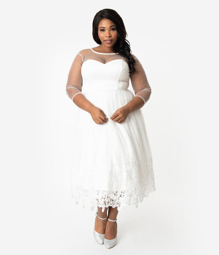 plus size white tea length dress