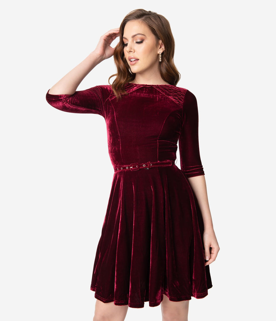 Unique Vintage Merlot Red Velvet Fit & Flare Dress