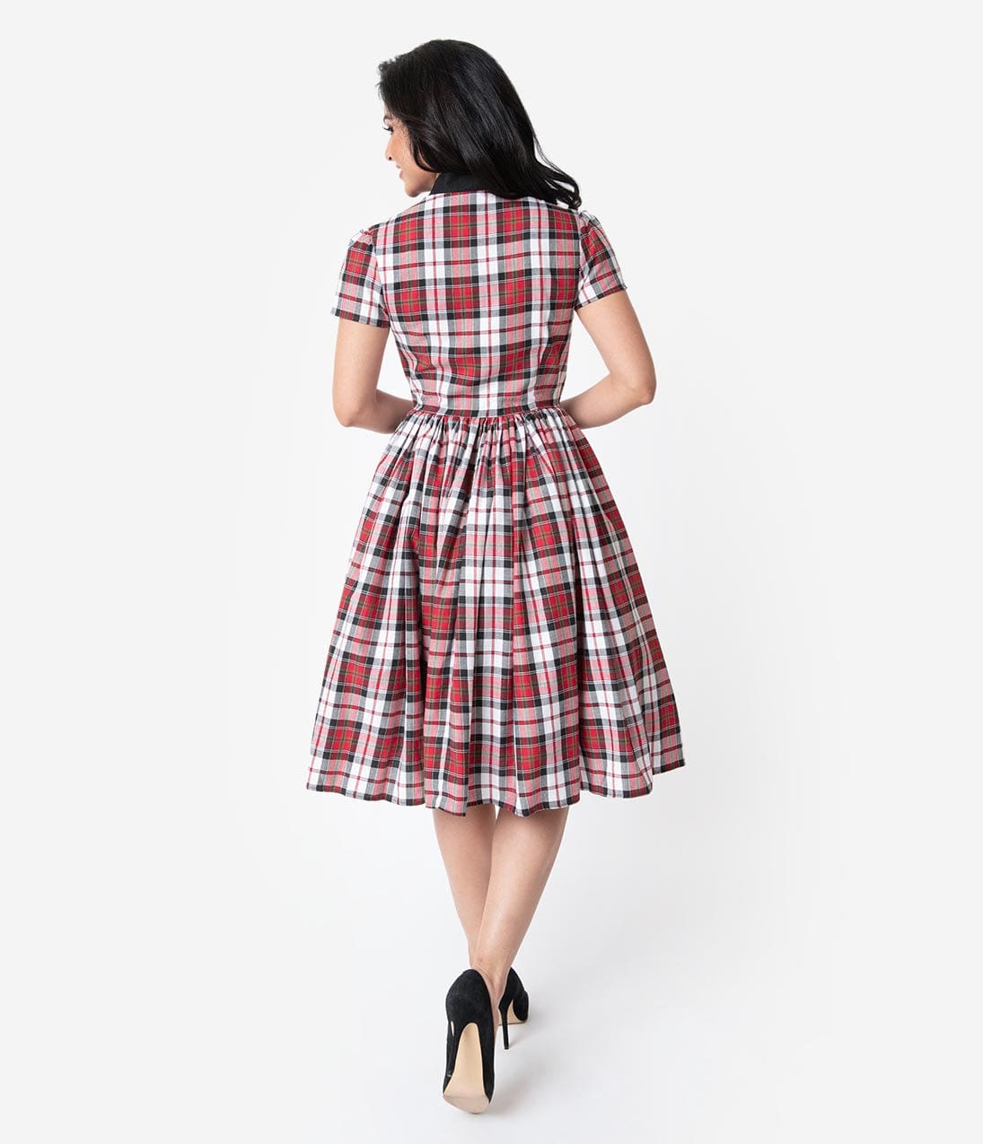 Unique Vintage 1950s Style Red Plaid Button Up Swing Dress