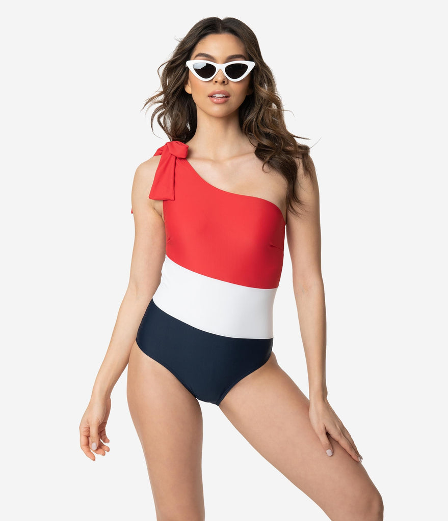 Red White Navy One Shoulder Bow One Piece Swimsuit Unique Vintage