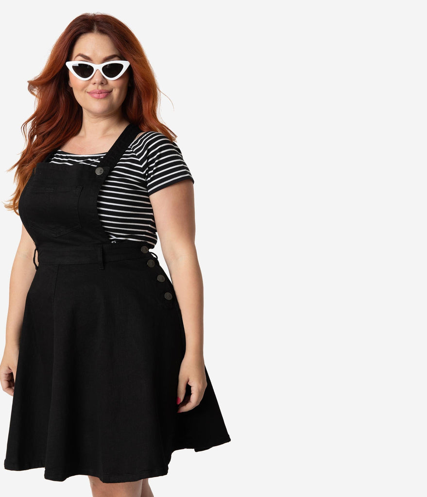 plus size black denim pinafore dress