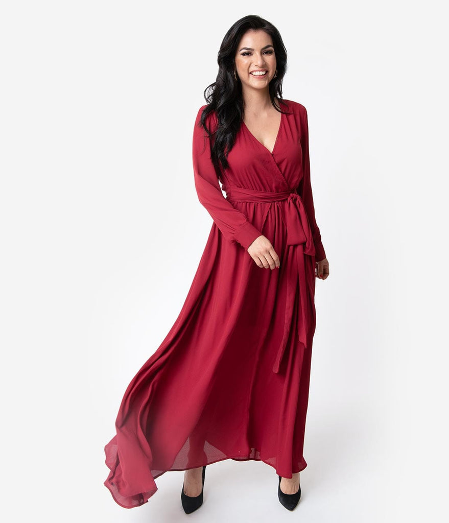 long sleeve long burgundy dress