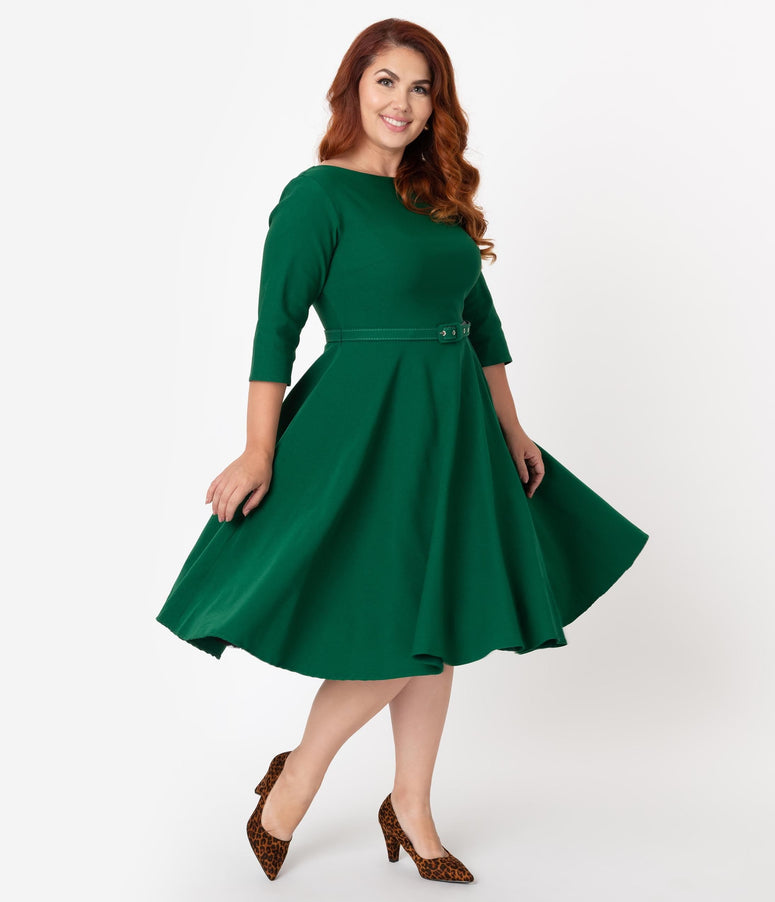 acwashingmachines Plus Size 1950s Style Emerald Green Stretch Sleeved Devon Swing Dress