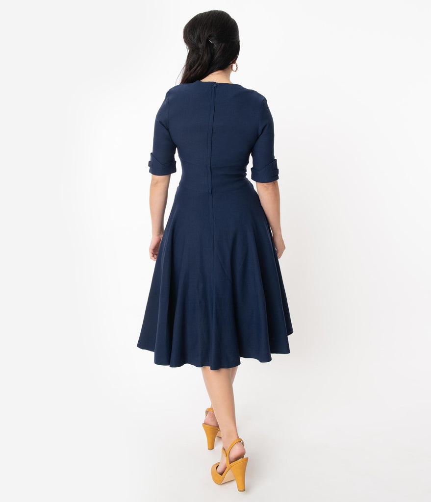 navy blue swing dress with sleeves